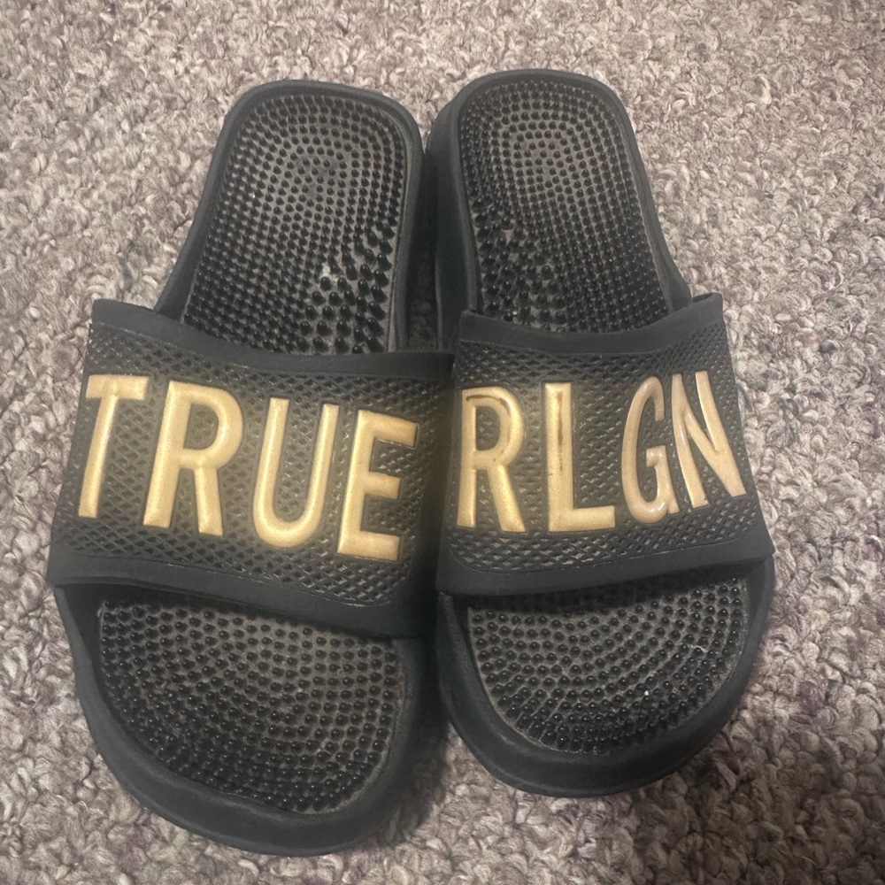 True Religion Black and Gold Slides
